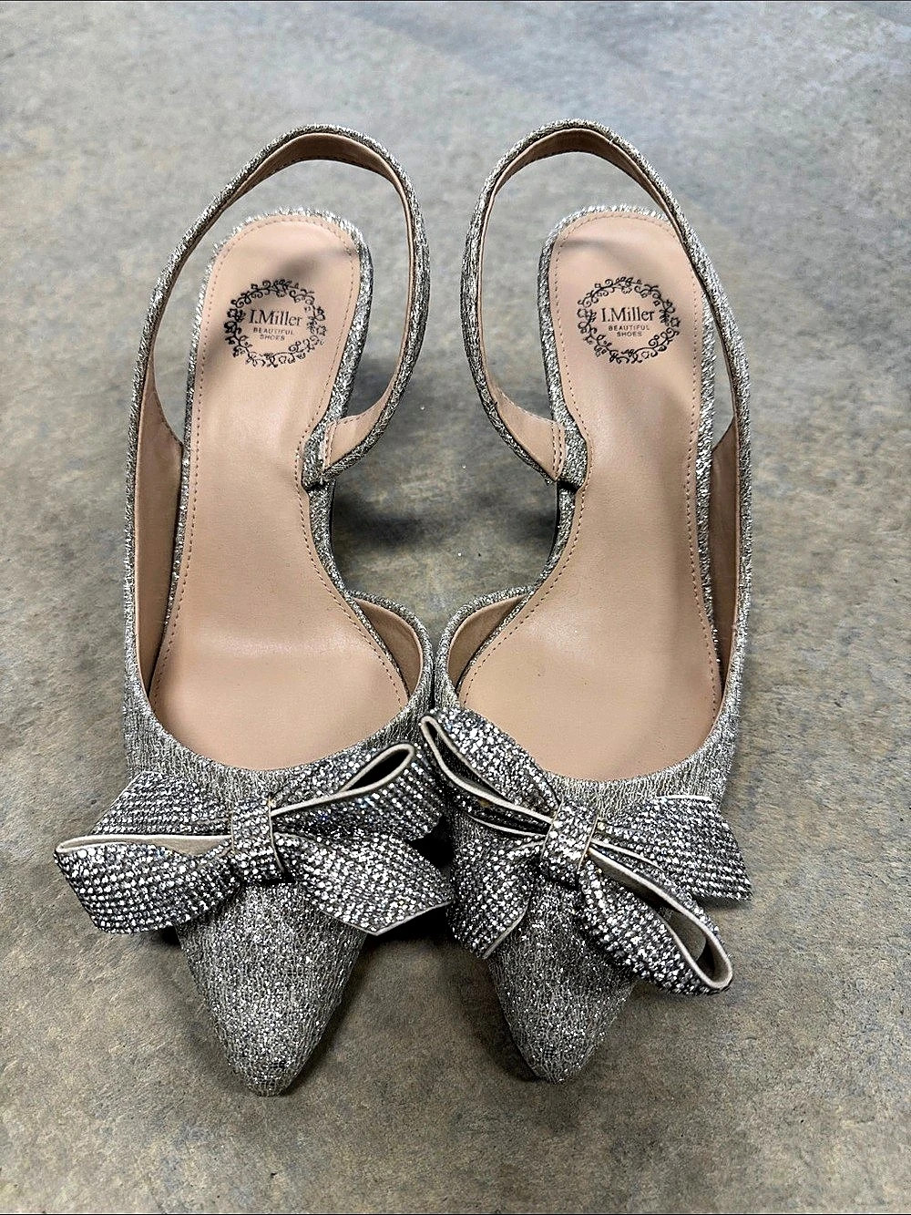J. Miller Glitter Bow Slingback Heels in Silver